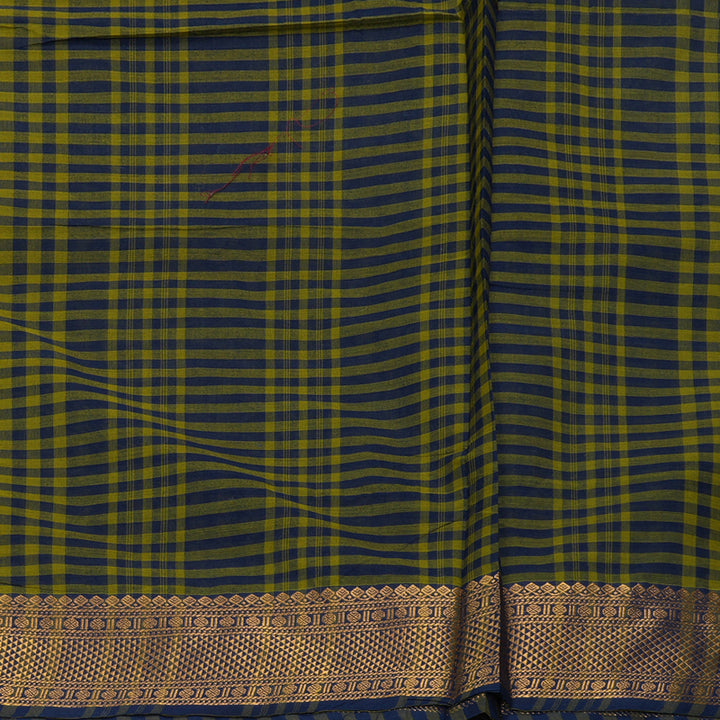 Hayagrivas Green with Blue Podi Checks Handloom Ten Yards Cotton Saree KBF127D4-8