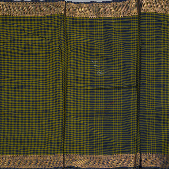 Hayagrivas Green with Blue Podi Checks Handloom Ten Yards Cotton Saree KBF127D4-8