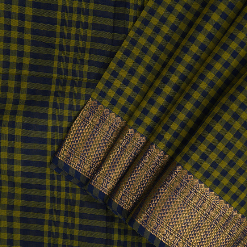 Hayagrivas Green with Blue Podi Checks Handloom Ten Yards Cotton Saree KBF127D4-8