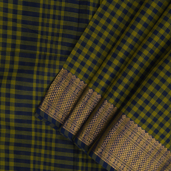 Hayagrivas Green with Blue Podi Checks Handloom Ten Yards Cotton Saree KBF127D4-8