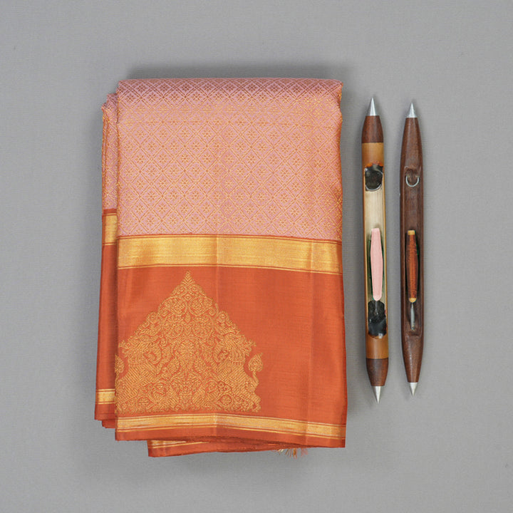 Hayagrivas Handloom Peach Kanjivaram Silk Saree with Carrot Orange Border KBF128D21-1