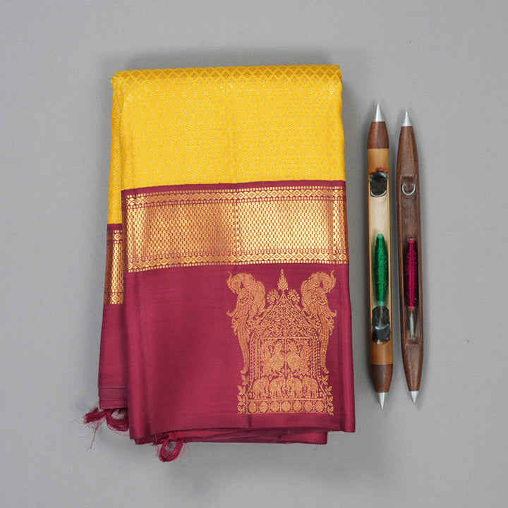 Hayagrivas Handloom Yellow Kanjivaram Silk Saree with Maroon Border KBF128D25-1