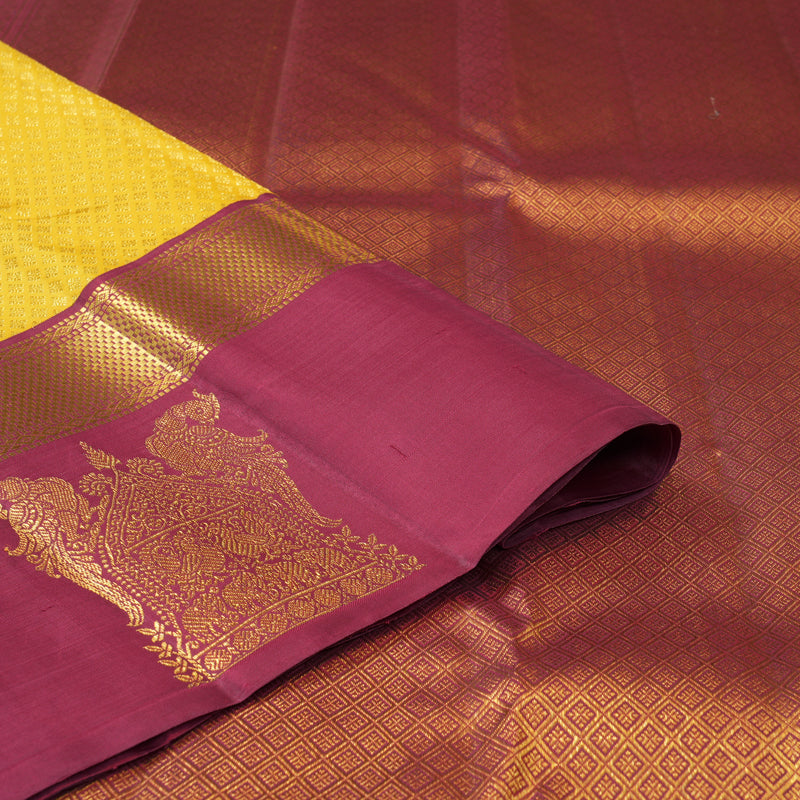 Hayagrivas Handloom Yellow Kanjivaram Silk Saree with Maroon Border KBF128D25-1