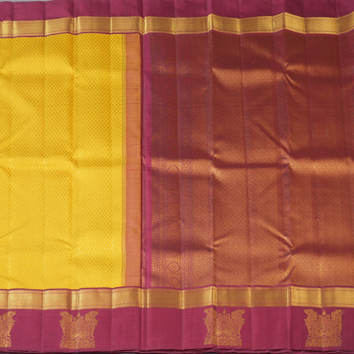 Hayagrivas Handloom Yellow Kanjivaram Silk Saree with Maroon Border KBF128D25-1