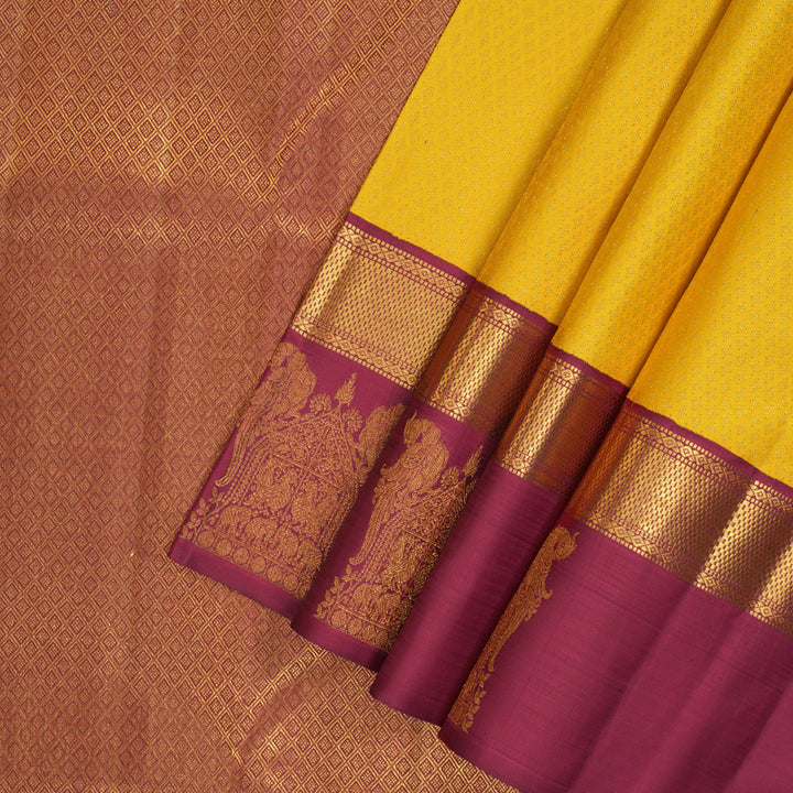Hayagrivas Handloom Yellow Kanjivaram Silk Saree with Maroon Border KBF128D25-1