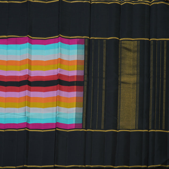Hayagrivas Handloom Multicolour Stripes Kanjivaram Silk Saree with Black Border KBF128D30-1