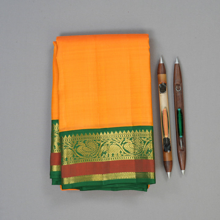 Hayagrivas Handloom Orange Kanjivaram Silk Saree with Dark Green Border KBF129D1-3