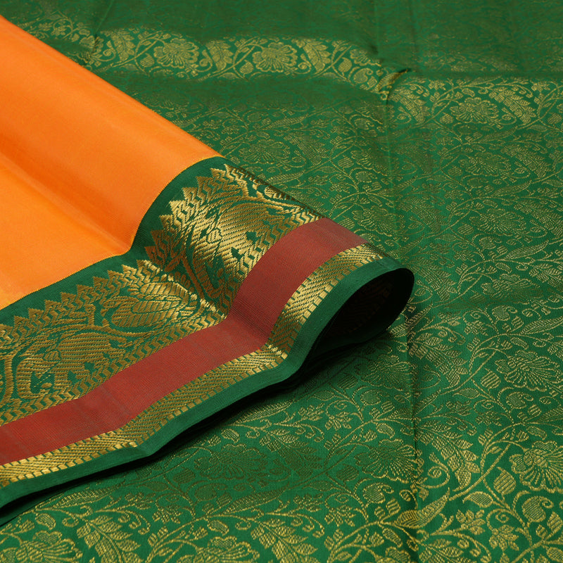 Hayagrivas Handloom Orange Kanjivaram Silk Saree with Dark Green Border KBF129D1-3