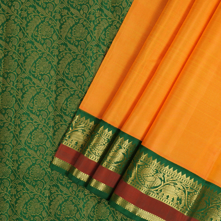 Hayagrivas Handloom Orange Kanjivaram Silk Saree with Dark Green Border KBF129D1-3