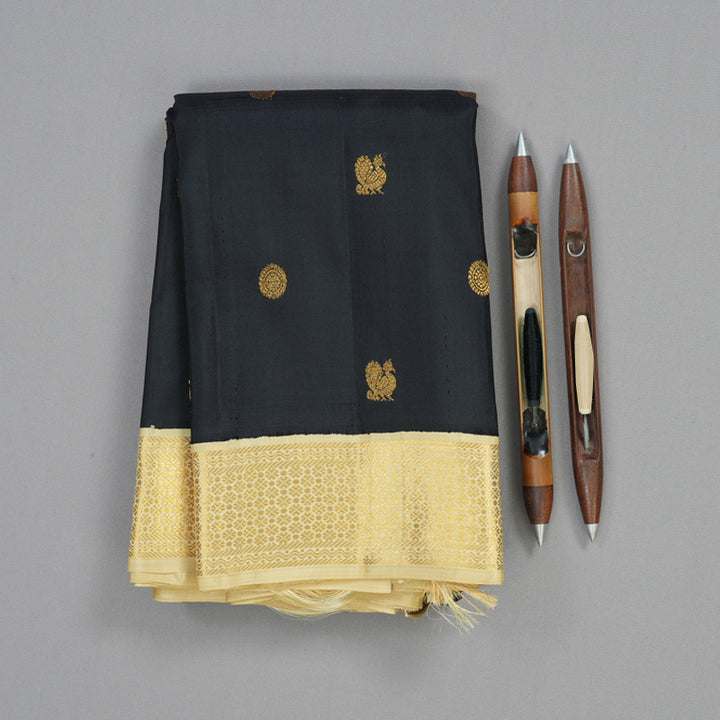 Hayagrivas Handloom Black Kanjivaram Silk Saree with Sandal Border KBF12D2-2