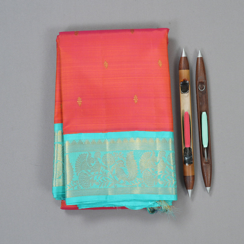 Hayagrivas Handloom Orangish-Pink Kanjivaram Silk Saree with Sea Blue Border KBF1303D3-3