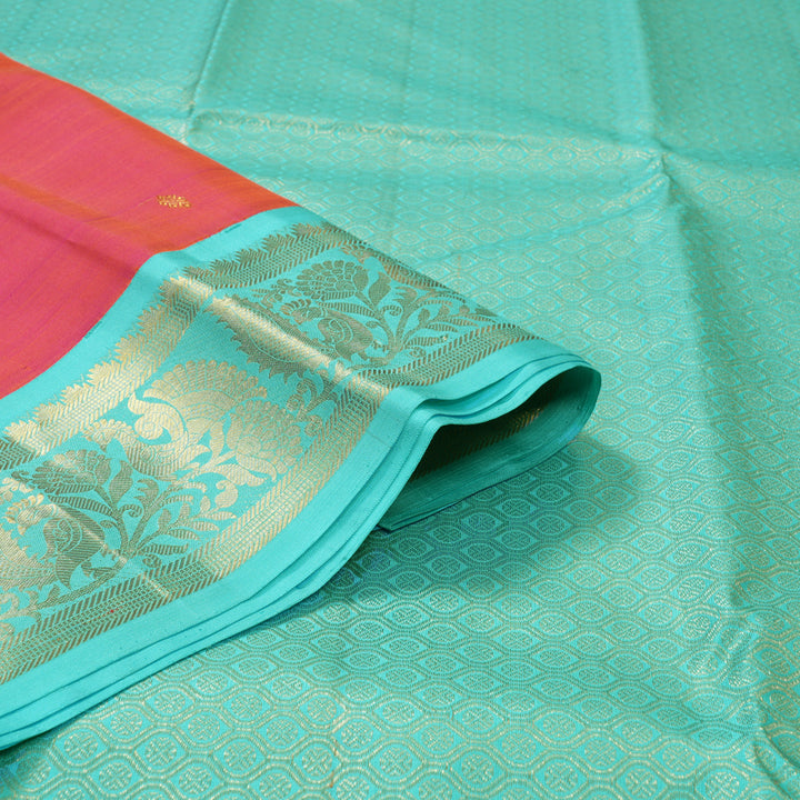 Hayagrivas Handloom Orangish-Pink Kanjivaram Silk Saree with Sea Blue Border KBF1303D3-3