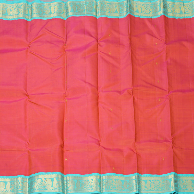 Hayagrivas Handloom Orangish-Pink Kanjivaram Silk Saree with Sea Blue Border KBF1303D3-3