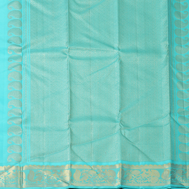 Hayagrivas Handloom Orangish-Pink Kanjivaram Silk Saree with Sea Blue Border KBF1303D3-3