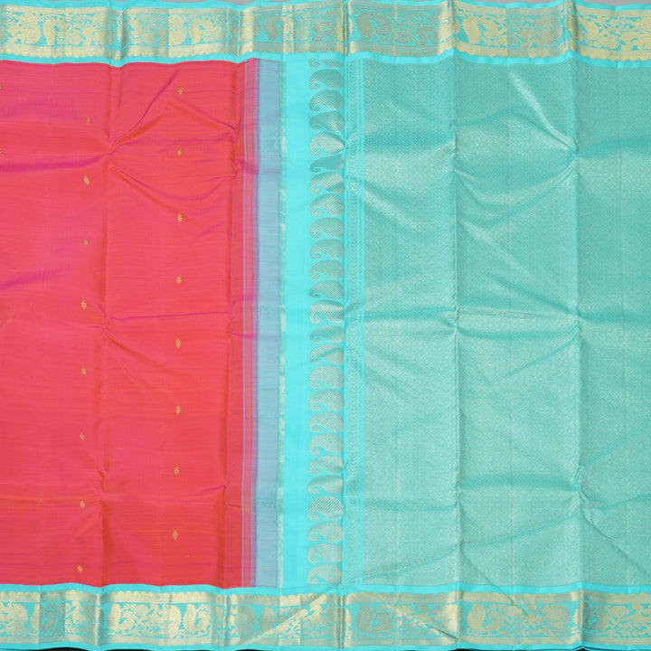 Hayagrivas Handloom Orangish-Pink Kanjivaram Silk Saree with Sea Blue Border KBF1303D3-3