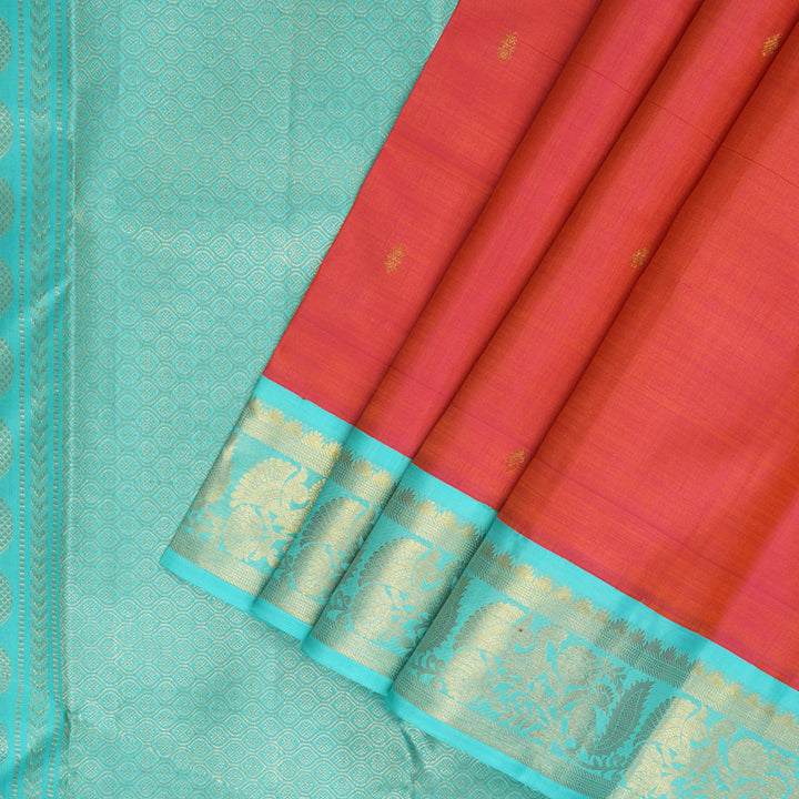 Hayagrivas Handloom Orangish-Pink Kanjivaram Silk Saree with Sea Blue Border KBF1303D3-3