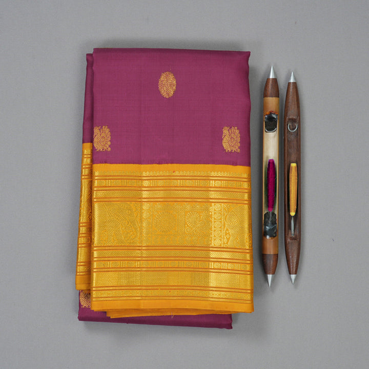 Hayagrivas Handloom Magenta Kanjivaram Silk Saree with Mustard Yellow Border KBF130D4-1