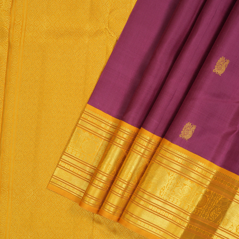 Hayagrivas Handloom Magenta Kanjivaram Silk Saree with Mustard Yellow Border KBF130D4-1