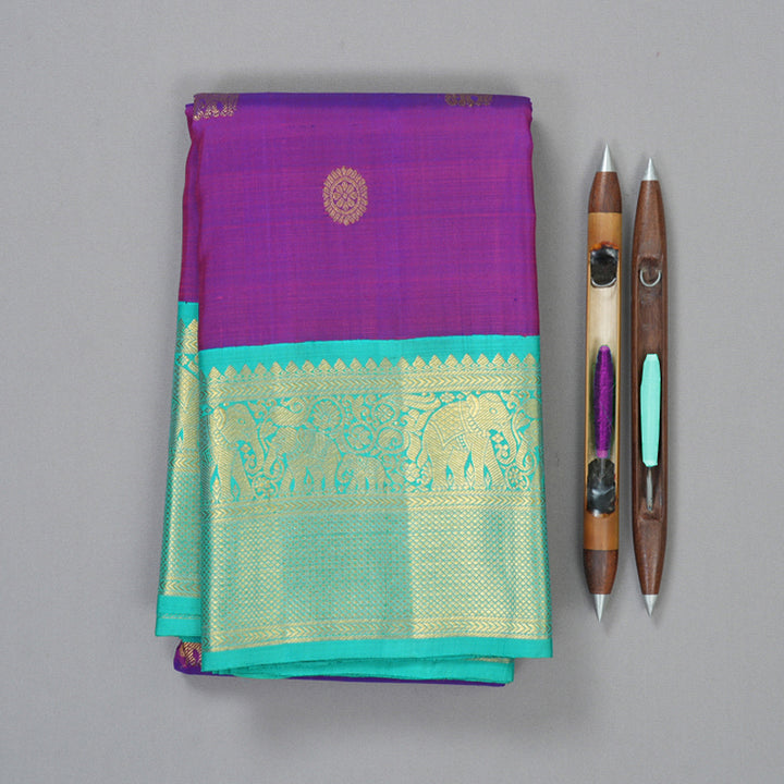 Hayagrivas Handloom Purple Kanjivaram Silk Saree with Teal Border KBF130D4-2