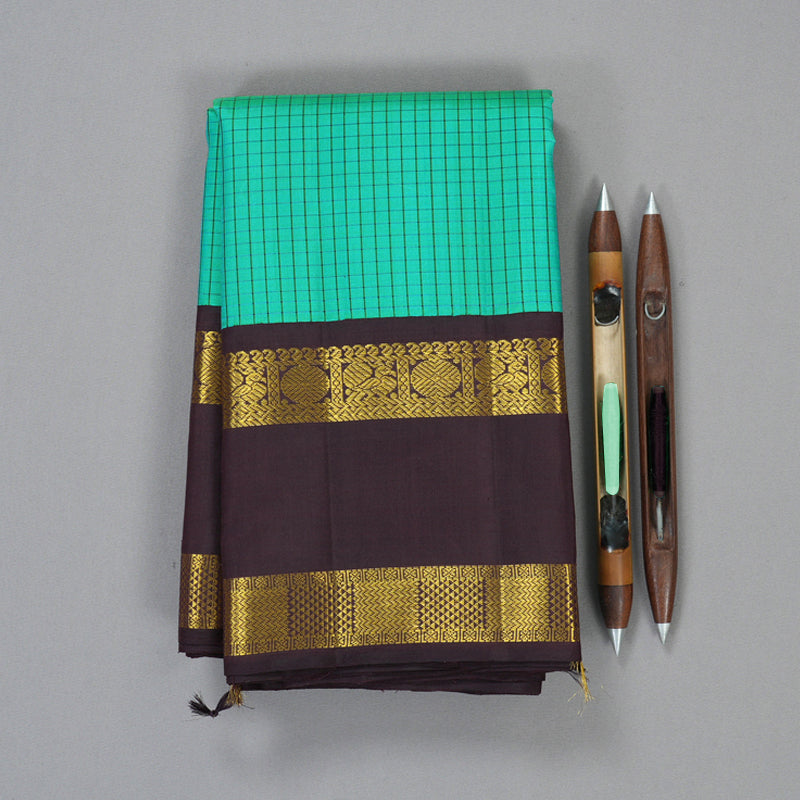 Hayagrivas Handloom Aqua Green Kanjivaram Silk Saree with Plum Purple Border KBF131D1-1