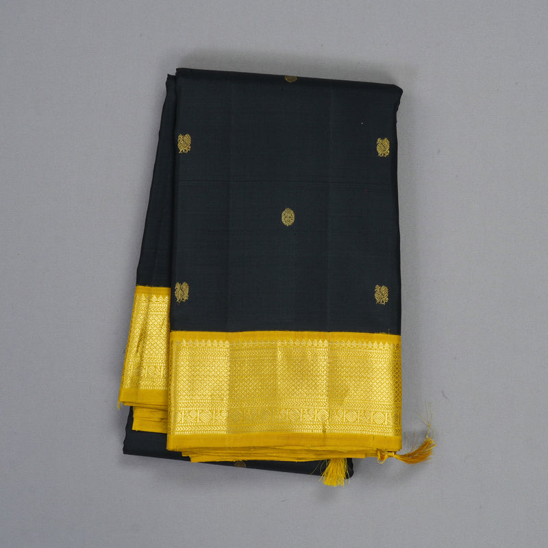 Hayagrivas Handloom Black Kanjivaram Silk Saree with Sampanga Yellow Border KBF132D1-1