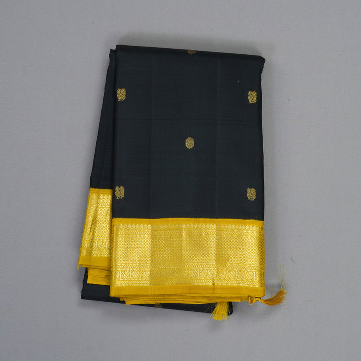 Hayagrivas Handloom Black Kanjivaram Silk Saree with Sampanga Yellow Border KBF132D1-1