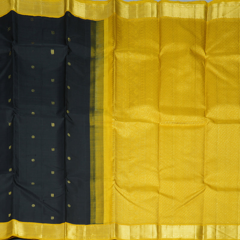 Hayagrivas Handloom Black Kanjivaram Silk Saree with Sampanga Yellow Border KBF132D1-1