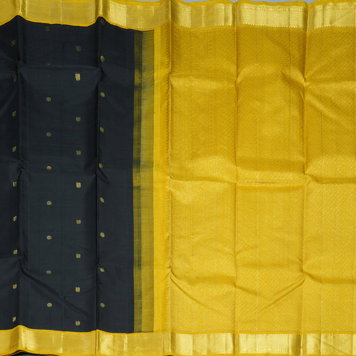 Hayagrivas Handloom Black Kanjivaram Silk Saree with Sampanga Yellow Border KBF132D1-1