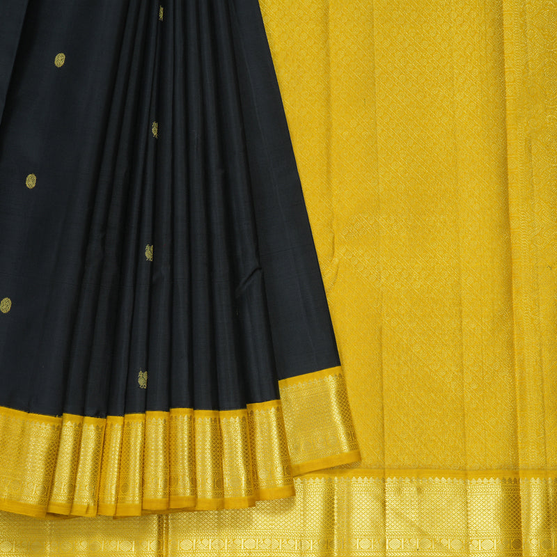 Hayagrivas Handloom Black Kanjivaram Silk Saree with Sampanga Yellow Border KBF132D1-1