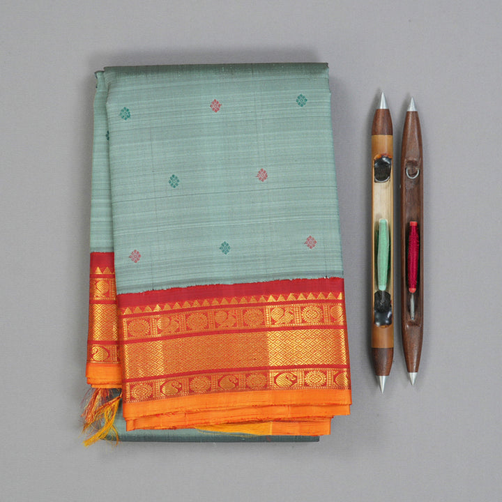 Hayagrivas Handloom Greenish-Grey Kanjivaram Silk Saree with Red Border KBF132D4-1