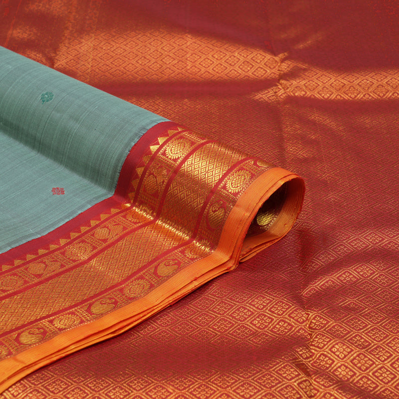 Hayagrivas Handloom Greenish-Grey Kanjivaram Silk Saree with Red Border KBF132D4-1