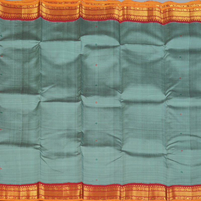 Hayagrivas Handloom Greenish-Grey Kanjivaram Silk Saree with Red Border KBF132D4-1