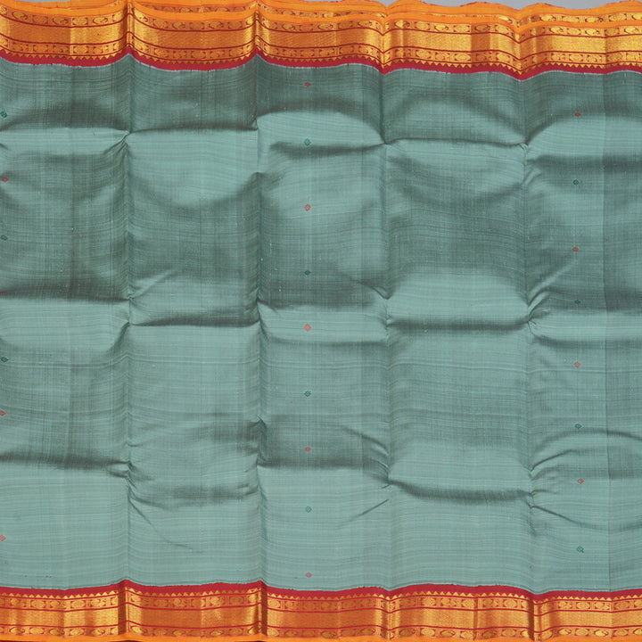 Hayagrivas Handloom Greenish-Grey Kanjivaram Silk Saree with Red Border KBF132D4-1