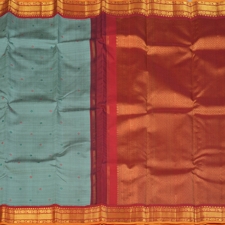 Hayagrivas Handloom Greenish-Grey Kanjivaram Silk Saree with Red Border KBF132D4-1
