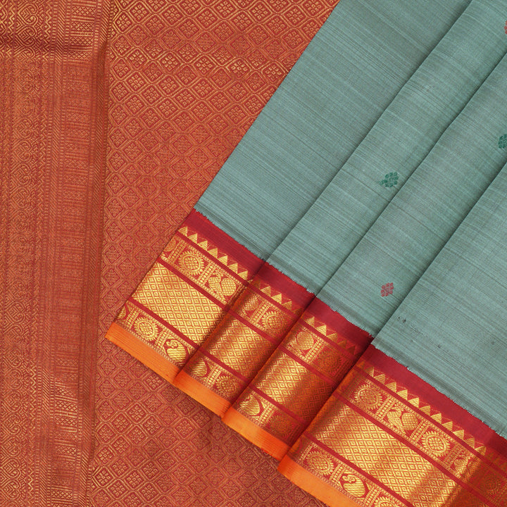 Hayagrivas Handloom Greenish-Grey Kanjivaram Silk Saree with Red Border KBF132D4-1