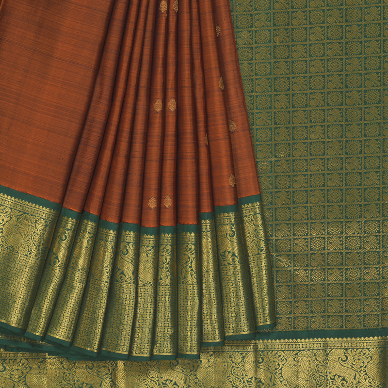 Hayagrivas Handloom Rust Orange Kanjivaram Silk Saree with Bottle Green Border KBF133D1-1