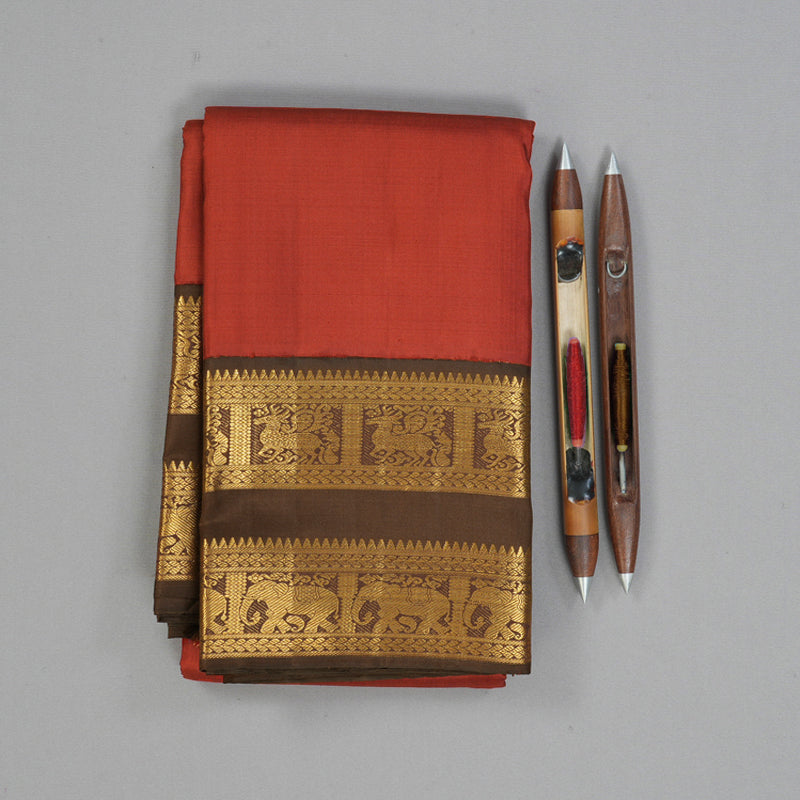 Hayagrivas Handloom Rust Orange Kanjivaram Silk Saree with Chocolate Brown Border KBF133D2-2