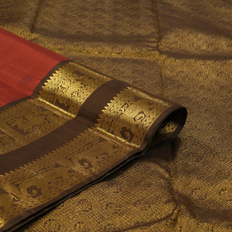 Hayagrivas Handloom Rust Orange Kanjivaram Silk Saree with Chocolate Brown Border KBF133D2-2