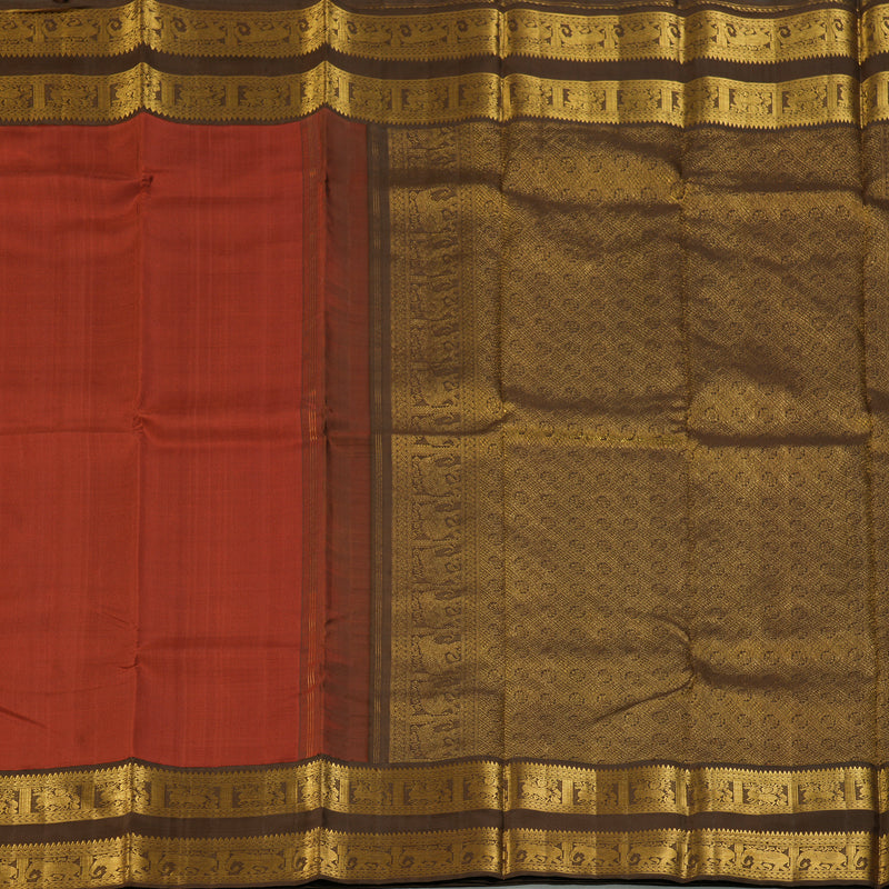 Hayagrivas Handloom Rust Orange Kanjivaram Silk Saree with Chocolate Brown Border KBF133D2-2