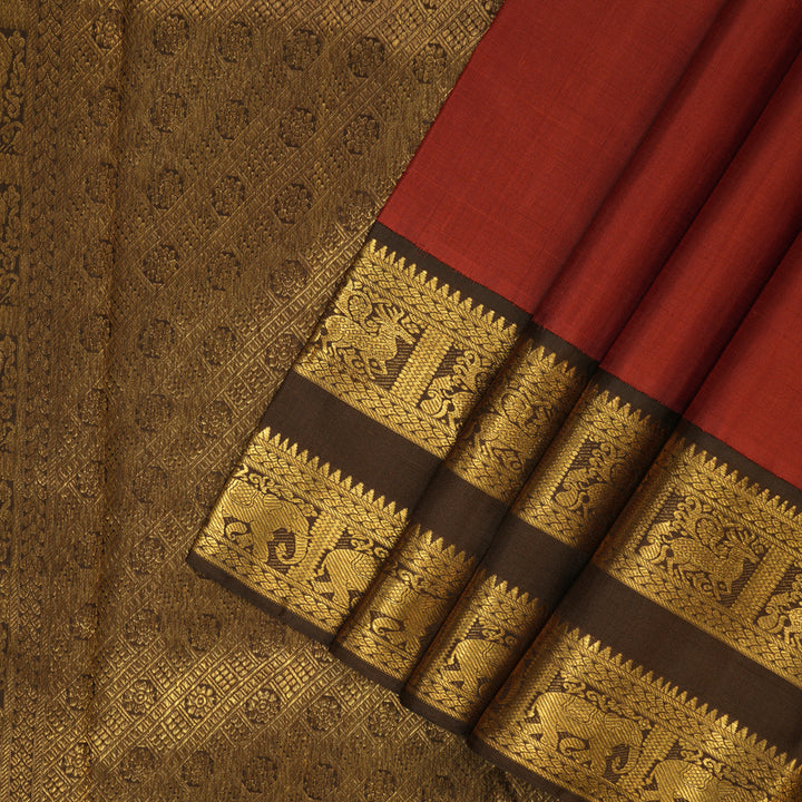 Hayagrivas Handloom Rust Orange Kanjivaram Silk Saree with Chocolate Brown Border KBF133D2-2