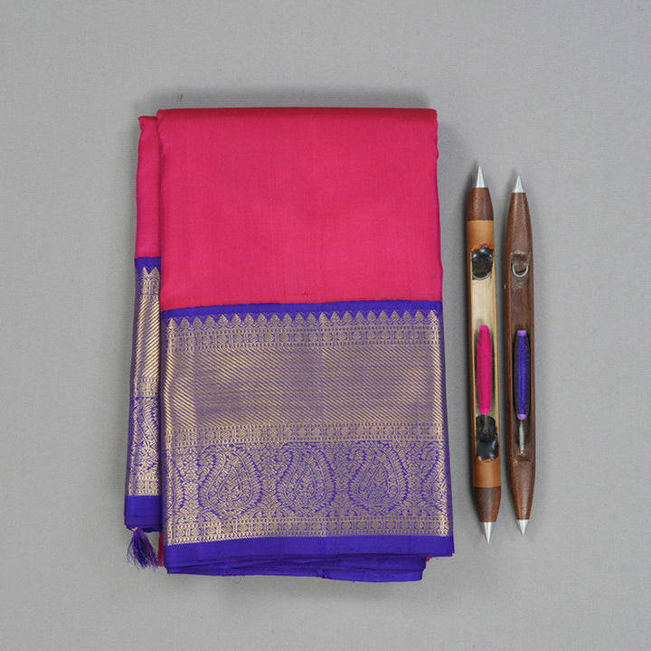 Hayagrivas Handloom Rani Pink Kanjivaram Silk Saree with Purplish-Blue Border KBF133D2-3