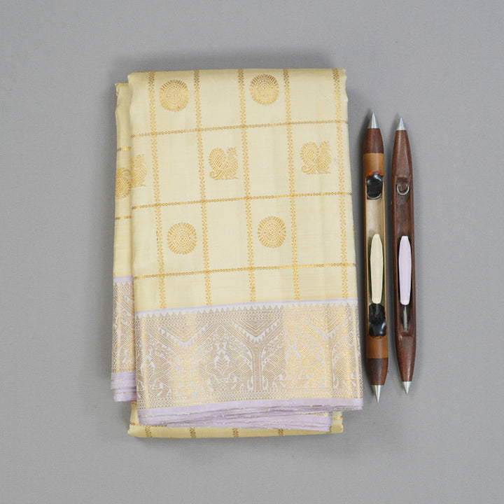 Hayagrivas Handloom Half-White Kanjivaram Silk Saree with Lilac Border KBF133D6-1