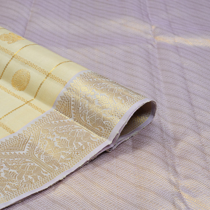 Hayagrivas Handloom Half-White Kanjivaram Silk Saree with Lilac Border KBF133D6-1