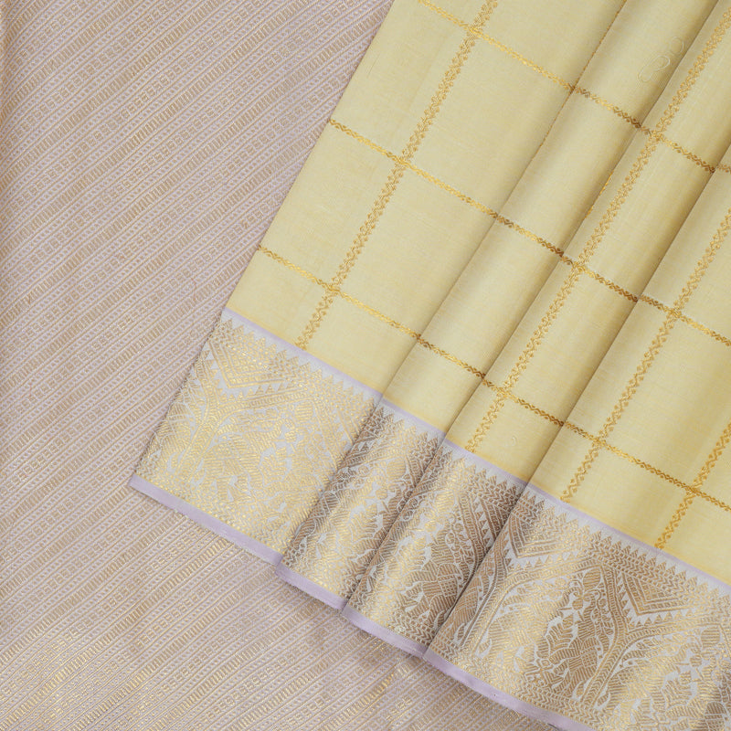 Hayagrivas Handloom Half-White Kanjivaram Silk Saree with Lilac Border KBF133D6-1