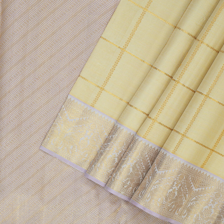Hayagrivas Handloom Half-White Kanjivaram Silk Saree with Lilac Border KBF133D6-1