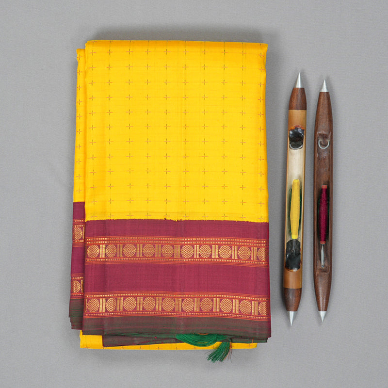 Hayagrivas Handloom Yellow Kanjivaram Silk Saree with Maroon Border KBF134D5-1