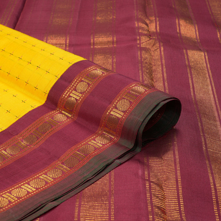 Hayagrivas Handloom Yellow Kanjivaram Silk Saree with Maroon Border KBF134D5-1