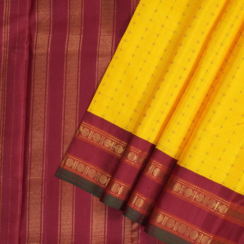 Hayagrivas Handloom Yellow Kanjivaram Silk Saree with Maroon Border KBF134D5-1