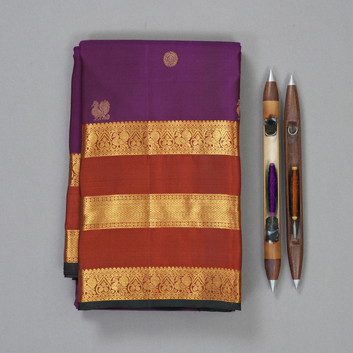 Hayagrivas Handloom Violet Kanjivaram Silk Saree with Rust Border KBF136D10-17