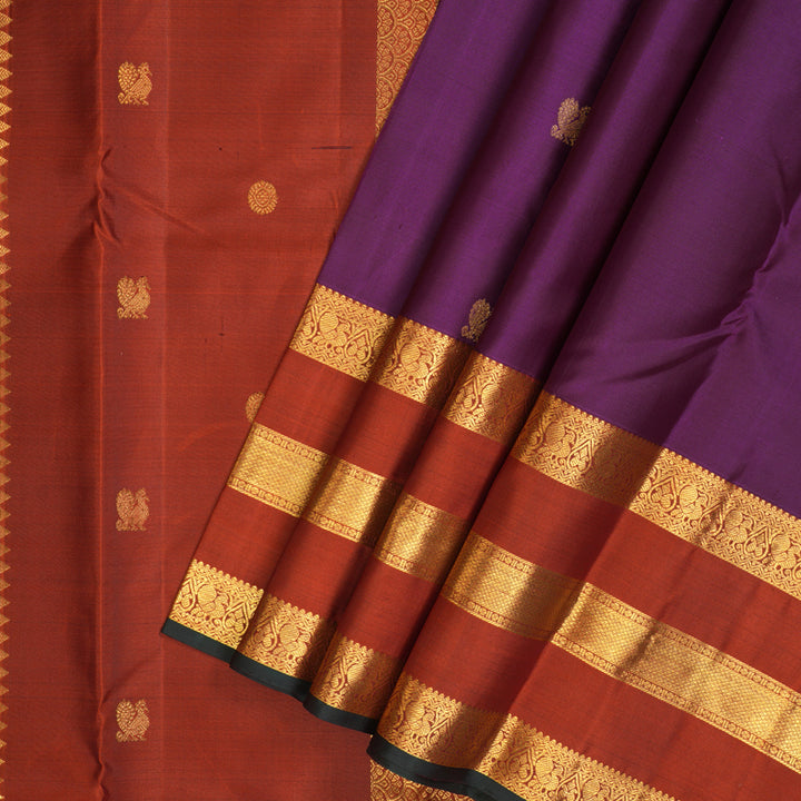 Hayagrivas Handloom Violet Kanjivaram Silk Saree with Rust Border KBF136D10-17